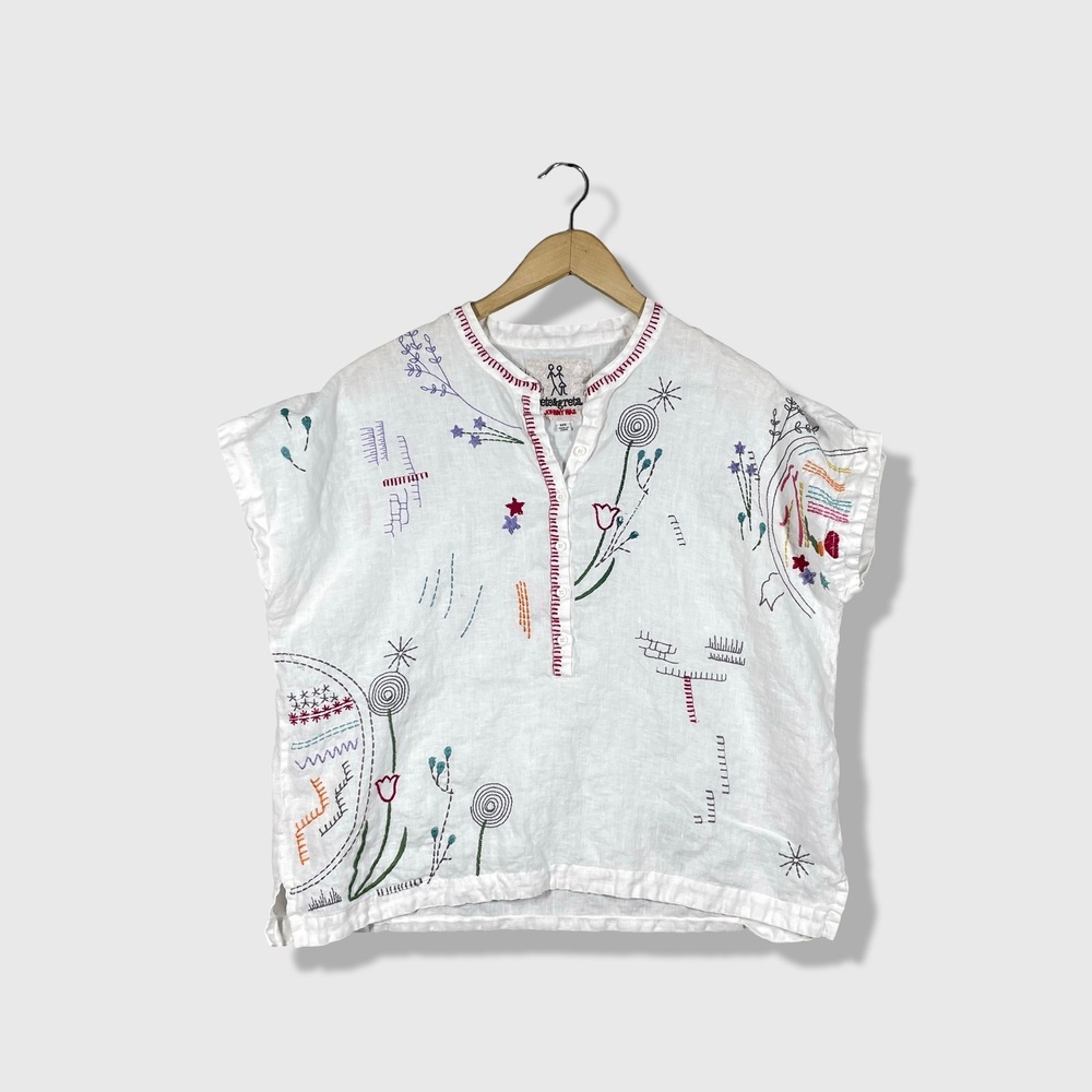 Pete & Greta Johnny Was Linen Top Womens XXS White Boho Artisan Whimsical
